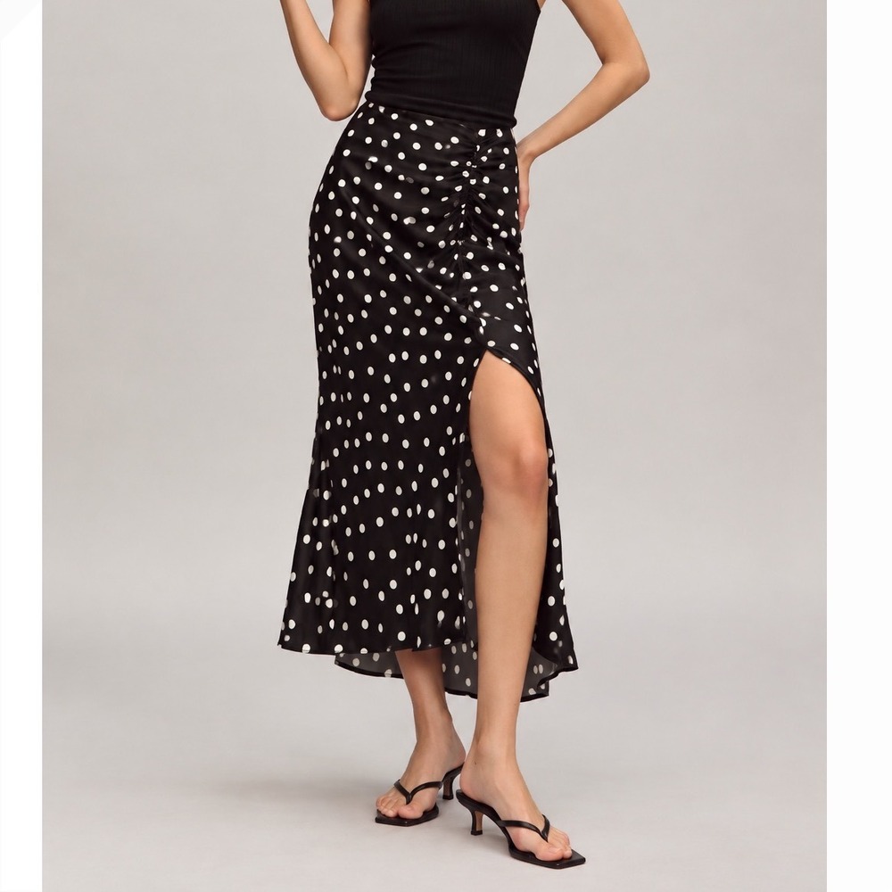 Anthropologie Maeve Mel Midi Skirt XS Polka Dot Black White Ruched Slit Skirt
